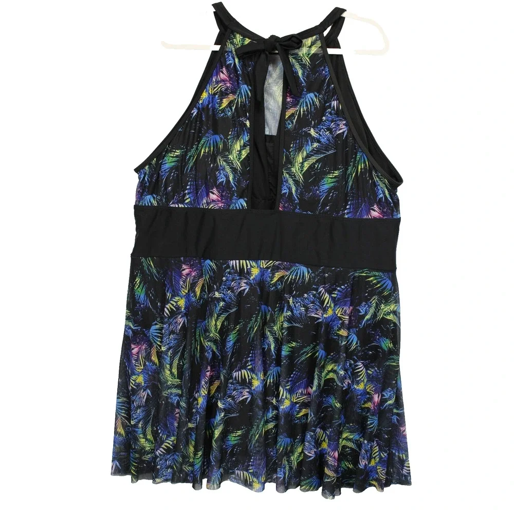 Bloomchic Swim Dress Halter Sheer Skirt‎ Women 28 Black Floral Swimwear